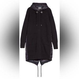 Moncler Cardigan Tricot long black combo wool and puffer coat, size small